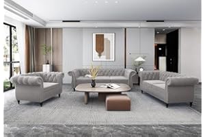AVZEAR 3-Piece Living Room Sectional Sofa Set, Upholstered Sofa Modern Sofa Couches Set Style Button Tufted, Velvet Chesterfield Sofa for Living Room Apartment, 1+2+3 Seat Grey