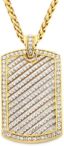 Stainless Steel Fully Iced Out Dog Tag Pendant Necklace, 24''