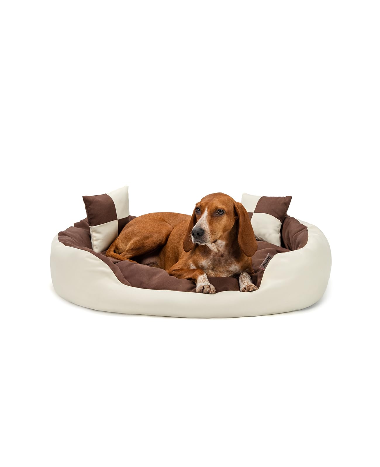 lionto Dog bed 4-in-1 with reversible cushion in Oxford, 85x70 cm, scratch-resistant pet bed with deep entry for cats and dogs, incl. decorative pillow, water-repellent, brown/beige
