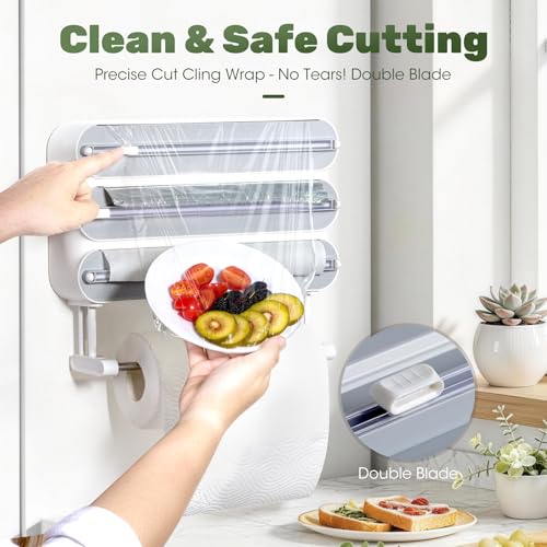 Quasziwa 4-in-1 Wall Mounted Kitchen Roll Holder - Foil Dispenser and Magnetic Aluminium, Professional Foil Paper Cutter with Removable Roll Holder - Easy to Install and Space Saving, White