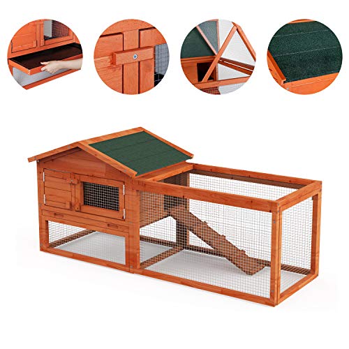 LINLUX 62" Large Outdoor Wooden Chicken Coop, Garden Backyard Bunny Hen House Small Animal Cage with Hutch Wire Fence, Ventilation Door, Removable Tray