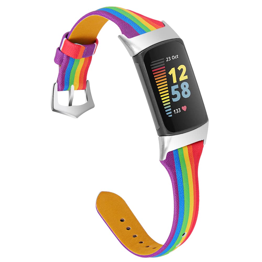 Gimuk Leather Strap Compatible with Fitbit Charge 5, Genuine Leather Sport Band Replacement Watch Strap Wristband Bracelet for Charge 5 Fitness Tracker (Rainbow) (C5WF691AA/G)