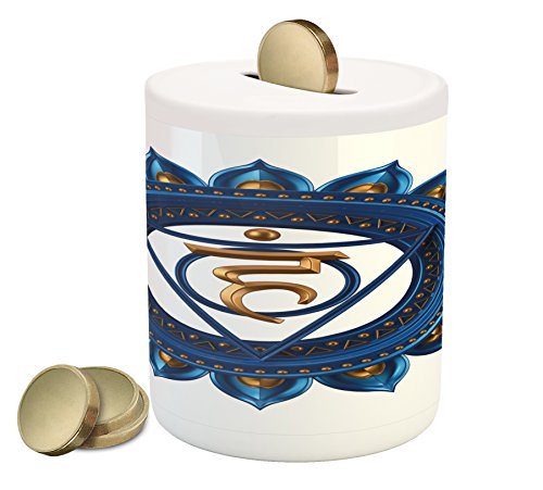 Chakra Piggy Bank by Ambesonne, Vintage Style Power Sign Graphic Sacred Center of Vital Energy Cosmos Yoga Meditation, Printed Ceramic Coin Bank Money Box for Cash Saving, Blue Gold - Thumbnail 2