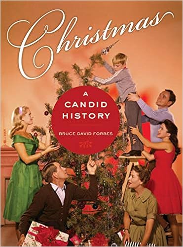 The cover of Christmas: A Candid History. There is an image of a family in vintage-style clothing decorating a tree.