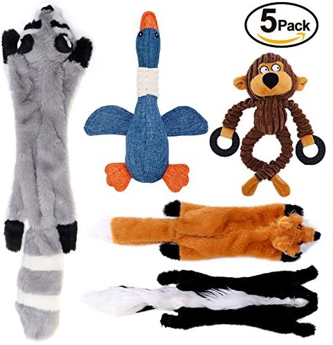 SHARLOVY Stuffingless Dog Toys, No Stuffing Dog Toys of Raccoon Fox and Skunk, Plush Squeaky Toys for Large Medium Small Dogs, Plush Animal Chew Dog Toys 5 Pack