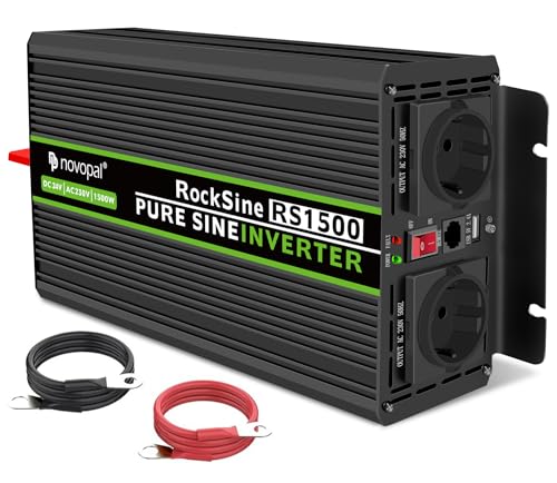 Novopal 1500 W Sine Wave Inverter Power - DC 24 V to AC 220 V Inverter Voltage - 2 EU Socket with USB Output - 5 Metres Remote Control - Suitable for Family, Trucks, Camping, Travel