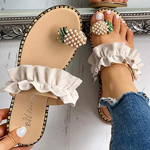 Balakie Women Casual Slippers Pineapple Rhinestone Ruffled Flat Sandals Shiny Clip Toe Flip Flops Beach Shoes