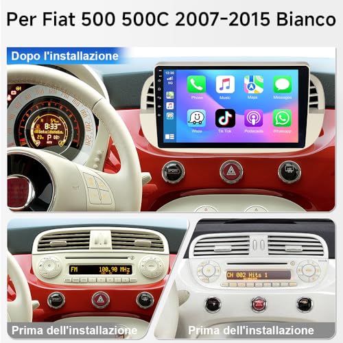 ACAVICA Android 15 Car Radio for Fiat 500 2007-2015 - 9" HD Touch Screen, Wireless CarPlay/Android Car, Bluetooth 5.0, DSP Audio, GPS, WiFi, FM, Stereo, Plug & Play, Support Rear Camera