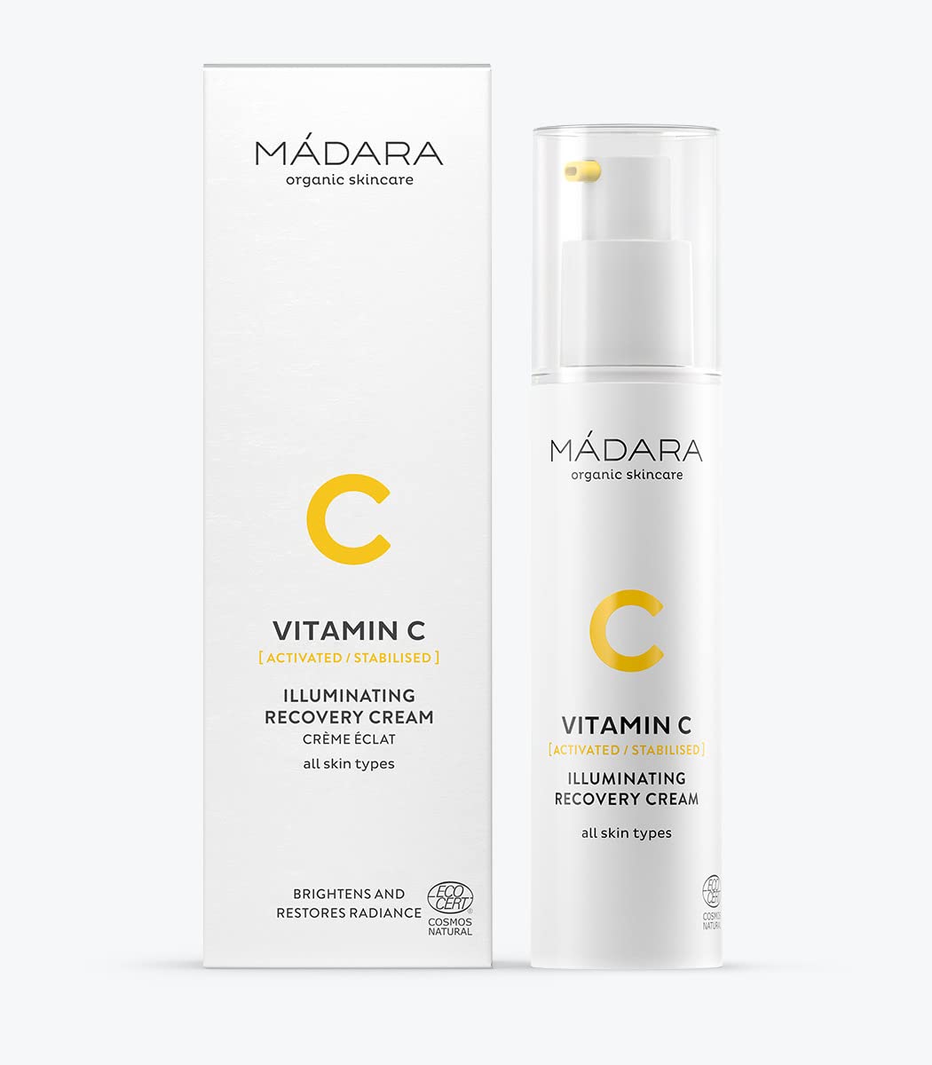 MÁDARA Organic Skincare | Vitamin C Illuminating Recovery Cream – 50 ml, Vitamin C moisturiser with hyaluronic acid, Hydrating and brightening face cream, All skin types, Vegan, Ecocert certified