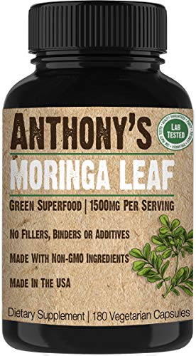 Anthony's Moringa Leaf Supplement, 180 Capsules, 1500mg Per Serving, Green Superfood, Pure Leaf Powder, Vegan Friendly, Made in USA