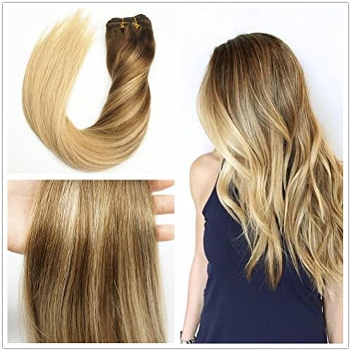 Stella Reina Natural Ombre Color #4/18 Medium Brown and Ash Blonde Highlights Balayage Hair Bundle Weft 100g Silky Straight Human Hair Weave Sew In 22 Inch