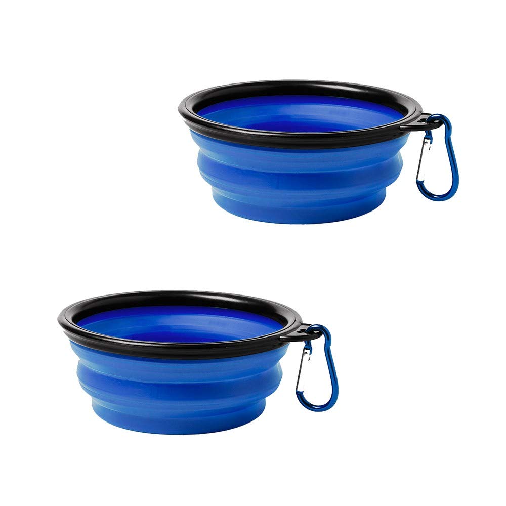 eBuyGB Portable Folding Collapsible Pop Up Silicone Travel Pet Dog Cat Food Water Bowl with Metal Carabiner, 450ml, Pack of 2 (Blue)