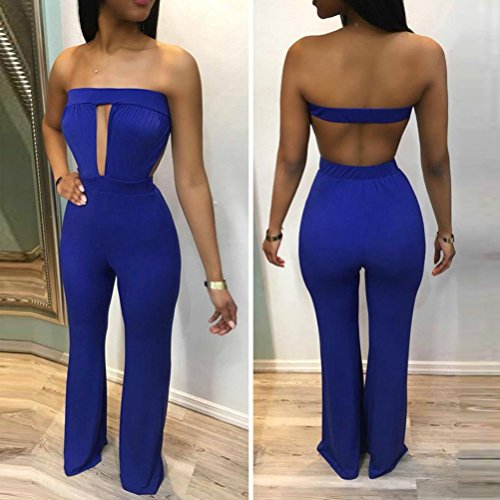 Minisoya Women Cut Out Off Shoulder Strapless Romper Playsuit Casual Solid Backless Wide Leg Jumpsuit Pants Clubwear (Blue, M)