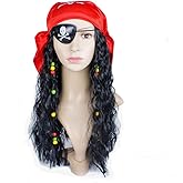 Adult Pirate Wig With Dreadlocks Patch Scarf Bandana Medieval Renaissance Halloween Costume Buccaneer Captain Dress Up Set (Red)
