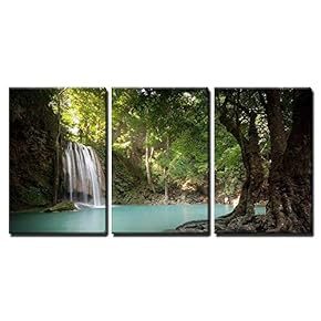 3 Piece Canvas Wall Art - Tropical Forest Waterfall Lake - Modern Home Art Stretched and Framed Ready to Hang - 16"x24"x3 Panels