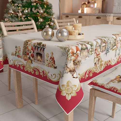PETTI Artigiani Italiani - Christmas Tablecloth Stain Resistant Square Table Cover for Kitchen, Vintage Xmas Design, 140x140 cm, 100% Made in Italy