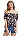 Floerns Women's Floral Print Off The Shoulder Short Sleeve Blouse Tops Navy L