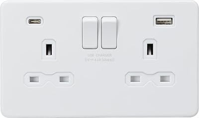 Knightsbridge SFR9940MW 13A 2G SP Switched Socket Dual USB A+C 4A Matt White