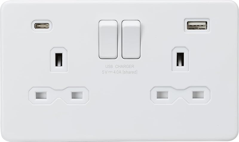 Knightsbridge SFR9940MW 13A 2G SP Switched Socket Dual USB A+C 4A Matt White