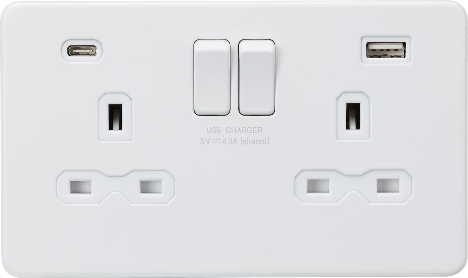 Knightsbridge SFR9940MW 13A 2G SP Switched Socket with Dual USB A+C (5V DC 4.0A shared) - Matt White with White Insert