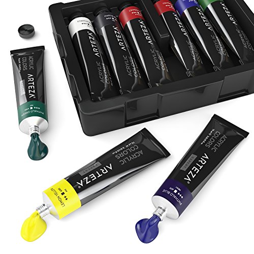 Arteza Expert Acrylic Paint, Set of 12 Colors/Tubes, 75ml/2.53 oz with Storage Box, Heavy Body