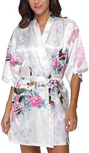Original Kimono Women's Short Satin Kimono Robe Floral Peacock Patterned Bathrobe Silky Bridal Nightwear