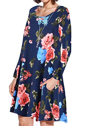 JollieLovin Women's Pockets Long Sleeve Casual Swing Loose Dress (6-Navy Blue, 3X)