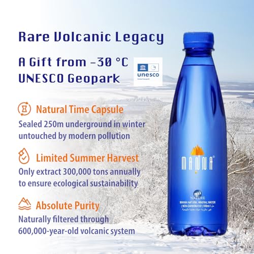 MANNA Natural Volcanic Mineral Water – pH 8.3 Natural Alkaline, Essential Minerals, Small Molecule for Rapid Hydration – 1.5L pack of 9