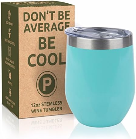 PIKE Lifestyle 12oz Wine Tumbler - Double Wall Insulated Wine Glass - Stainless Steel Vacuum Sealed Powder Coated Travel Tumbler - Coffee Tea Cocktail & Wine Cup w/ Lid, Seafoam Blue