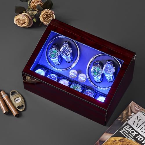 ANWBROAD Watch Winder for Automatic Watches 4+6 Watch Rotator and Storages with Super Quiet Motor LED Backlight Watch Turner Piano Paint Watch Turner 4 Rotating Modes UJWW002R