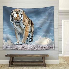 Siberian Tiger Ready to Attack Looking at You in The Rocks Background - Fabric Wall Tapestry Home Decor - 51x60 inches