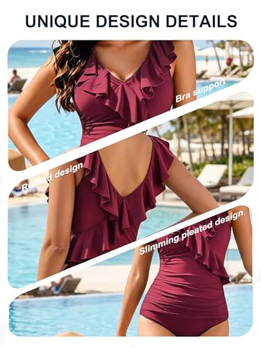 Woflebel Women's Plus Size Reducing Shaper Swimsuit, Tummy Control with Ruffles, Cross V Neck, Swimming Pool Beach Swimsuit, Size S-XXL
