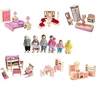 Kunhe 6 Set Wooden Dollhouse Furniture Including Kitchen,Bathroom, Bedroom, Kids Room,Living Room,Dinning Room for Dollhouse Pink Color with 6 Dolls