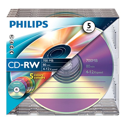 Philips CD-RW Rohlinge High-Speed (700 MB / 80 Minuten, 4-12x Speed, 5 Stück Colored Slim Case, rewritable / überschreibbar)