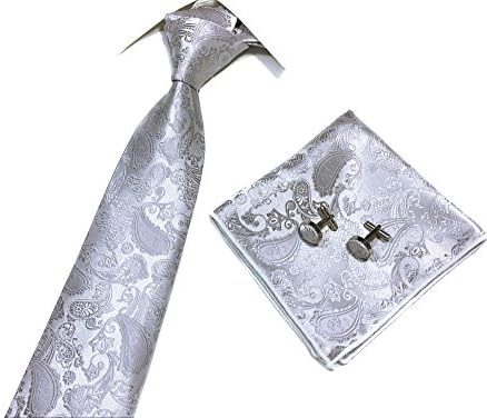 Someties New Fashion Paisley Cashew Men's Necktie &amp; Pocket Square &amp; Cuff Links Set(Silver)
