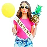 BIRTHDAY QUEEN SASH & BONUS HEADBAND: White Satin Sash with Lace Trim & Gold Glitter Letters! Bonus Soft & Stretchy HEADBAND! Cheers!
