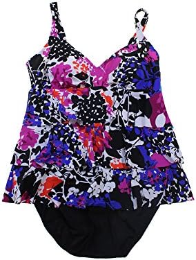 Swim Solutions Women's Plus Size Printed Tiered One-Piece Swimsuit (8, Multi Black)