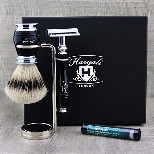 3 Pieces Shaving Kit for Men's, Silvertip Badger Shaving Brush, Double Edge Safety Razor with Shaving Stand, Vintage Wet Beard Grooming Kit for Shaving