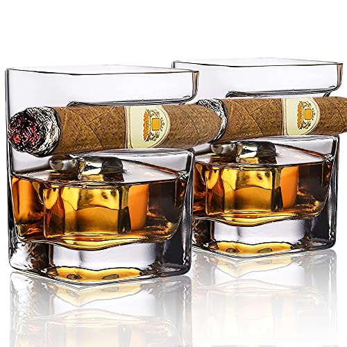MortyGrove Cigar Whiskey Glasses 12oz Old Fashioned Glass with Integrated Cigar Tray,Bar Glass