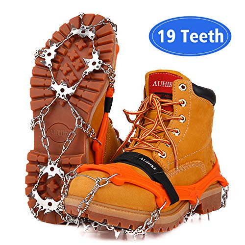 AUHIKE 19 Teeth Claws Crampons [Updated Version],Non-Slip Shoes Cover with Stainless Steel Chain for for Hiking Fishing Climbing Jogging Mountaineering Walking on Snow and Ice (Orange, L) - Thumbnail 7