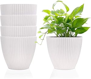 6 Inch Plastic Planters Indoor Flower Plant Pots, Set of 5 Modern Decorative Gardening Containers for Succulents, Flowers, Herbs, Cactus, House and Office Décor, White