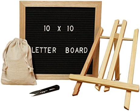 Changable Letter Board 10x10 - Oak Framed Board with over 300 White Changeable Letters, Numbers, Punctuation, Wall Mount,Scissors, Stand and Canvas Storage Pouch