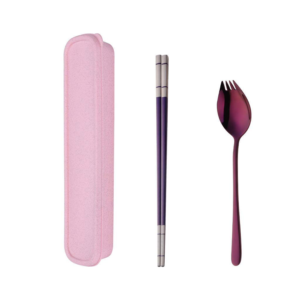 SBOMHS Portable Cutlery Set with Case Chopsticks 3 in 1 Spork (Spoon Fork Knife) Set Gift Box 18/10 Stainless Steel(Purple)
