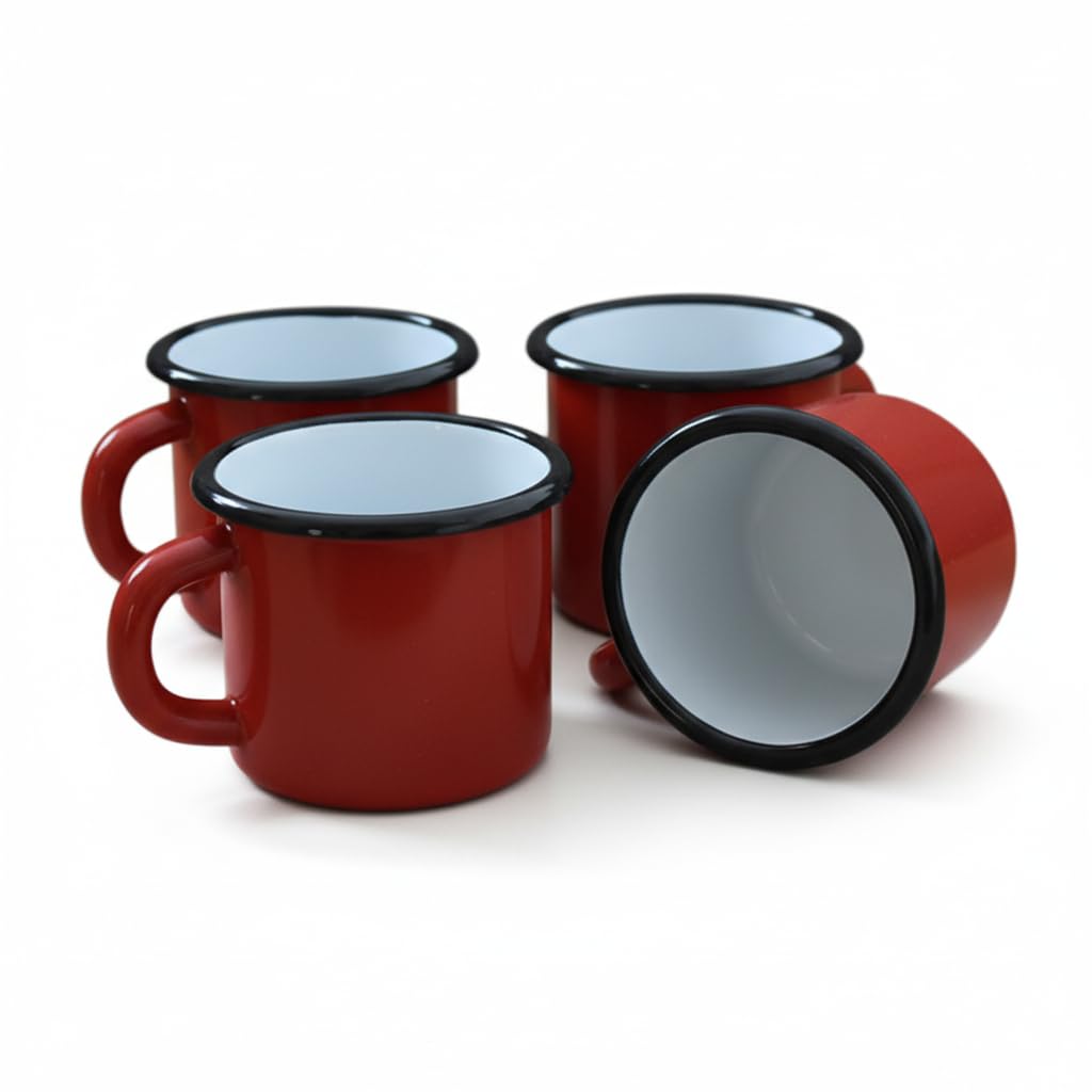 Madacha 4 x Red Enamel Metal Mugs 250ml