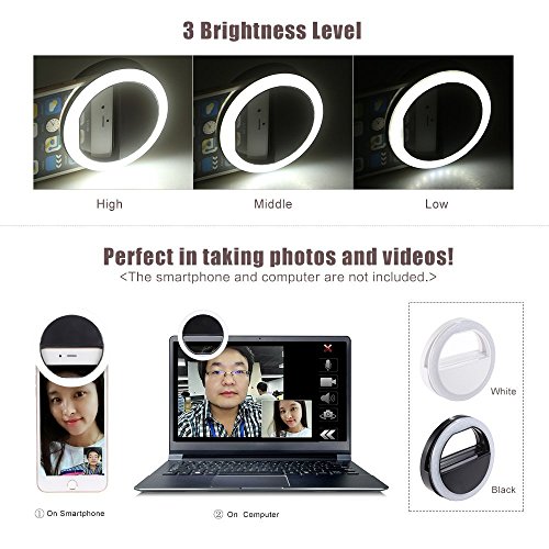 Efanr Selfie Ring Light, USB Rechargeable 36 LED Clip On Cell Phone Camera Light Fill-in Lighting Spotlight for iPhone X 8 7 7 Plus 6 6S Plus iPad Samsung Galaxy HTC LG Smartphones (RK12 Black)