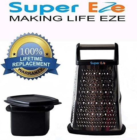 Cheese Grater with FREE food catcher by SuperEze. Best 4 Sided Box Stainless Steel Vegetable Shredder Cutter Zester and Slicer. Multi Purpose