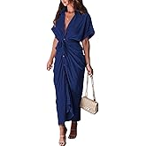 GTSAMTON Women's Swing Classic Cute Maxi Ruched Breathable Shirt Dresses Bownot Slim Fitted Dress