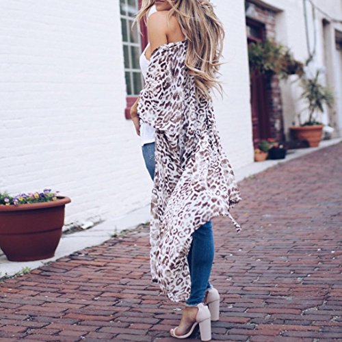 Women Fashion Long Sleeve Floral Leopard Print Cardigan Kimono Long Chiffon Robe Coat Beach Cover Up Blouse Tops (XL, White)