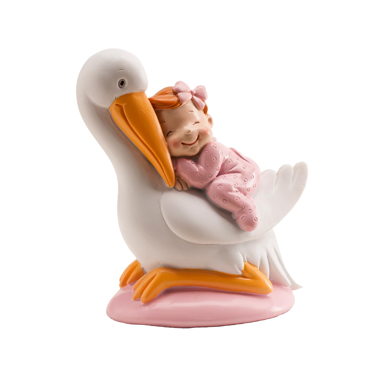 dekora - Christening Decoration Baby Girl with Pink Sleeping Stork, 10 cm, Multicoloured, Cake Topper for Christening & Baby Shower
