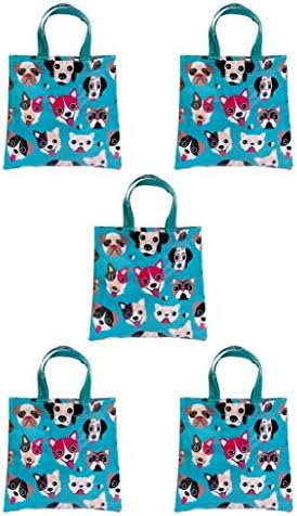 5 Cute Favor Bags for Kids Birthday - Small Tote Bag Kid Gift Ideas - Fun Dog Print - Toddlers Reusable Wipe-Clean Size 7" x 7"